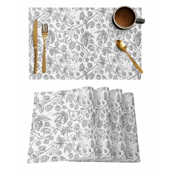 Placemats Set of 8, Gray Flowers Woven Placemat, Linen Place Mats for Kitchen/Dining Tables, Farmhouse Pastoral Vintage Plants Branches Washable Table Mats for Party
