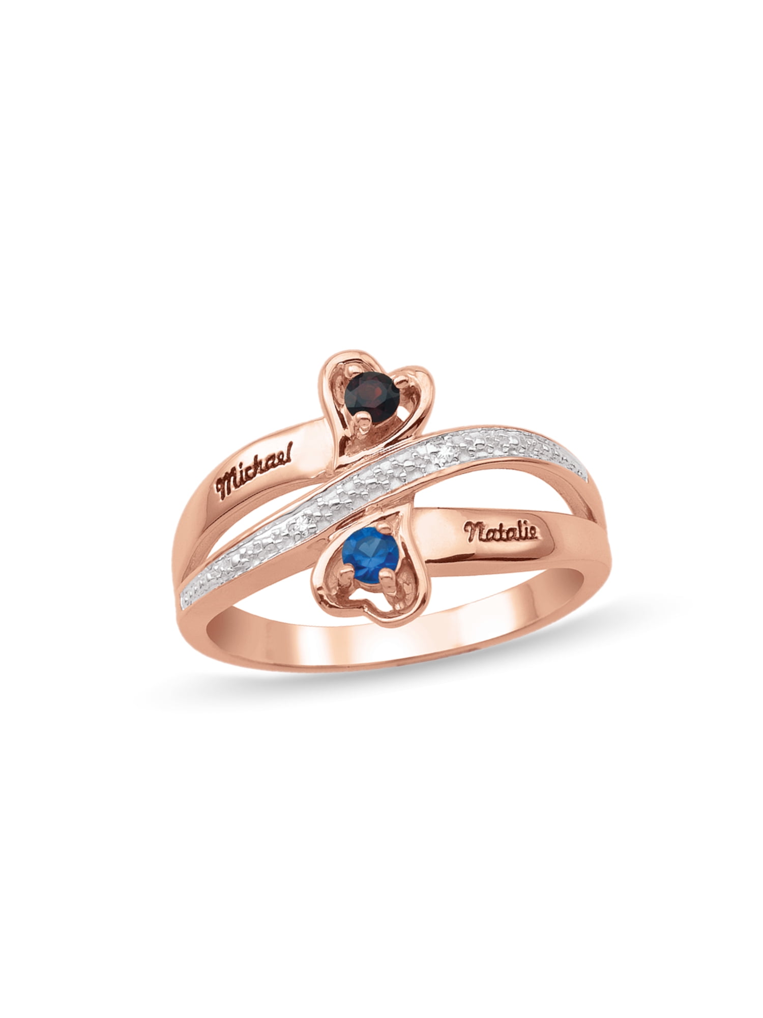 Personalized Heart Design Engravable Couple's Birthstone Ring in 10K Gold with Diamond Accents by Jewlster