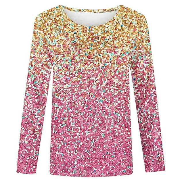 HNMKIU Hauts pour Filles Manches Longues Chandail à Sequins Imprimé Flash pour Enfants Chemise Ronde Décontractée Printemps Été pour Petites Filles à la Mode