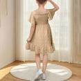 thumbnail image 5 of BRGZLK Girls Summer Dress Cute Solid Short Sleeve Round Neck Casual Flowy Smocked A-Line Dress Khaki 13-14 Years, 5 of 7