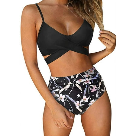 Women High Waisted Swimsuit Criss Cross Bathing Suits 2 Piece Bikini Wrap Top Halter Push Up Two-Piece Swimwear
