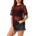 thumbnail image 4 of INSPIRE CHIC Women's Mesh T-Shirt Cover Up Party Short Sleeve See Through Sheer Tops S Dark Red, 4 of 6