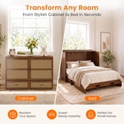 Puremind Queen Size Rattan Murphy Bed with Mattress, Hideaway Cabinet Bed with Charging Port and Storage Drawer for Home/Office, Black Walnut