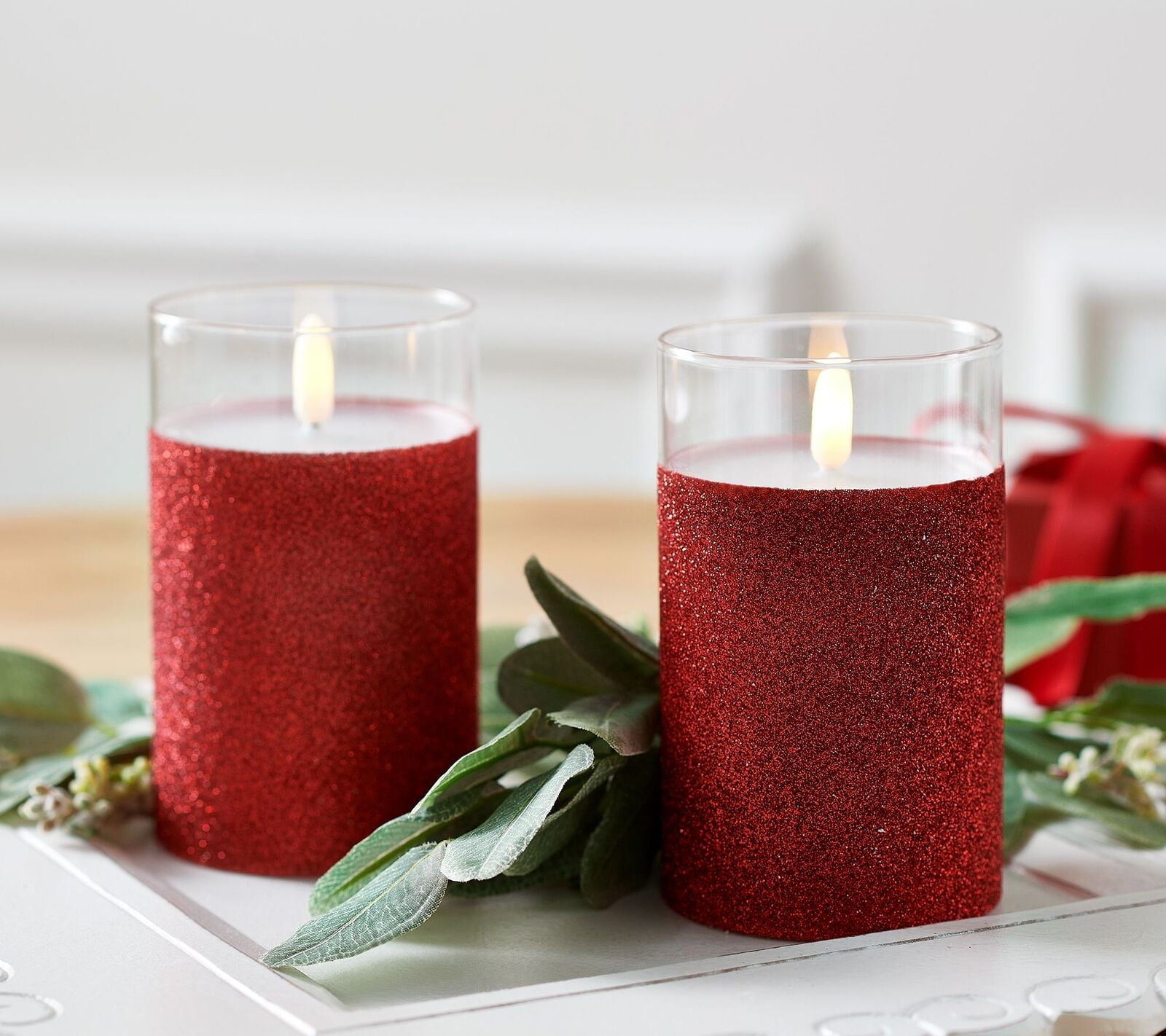 Lightscapes Set of (2) 5" Glittered Glass Flameless Candles in Red