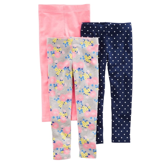 Leggins Simple Joys de Carter's Girls, paquete de 3 unidades, grises, florales, azul marino y puntos rosados, 2T