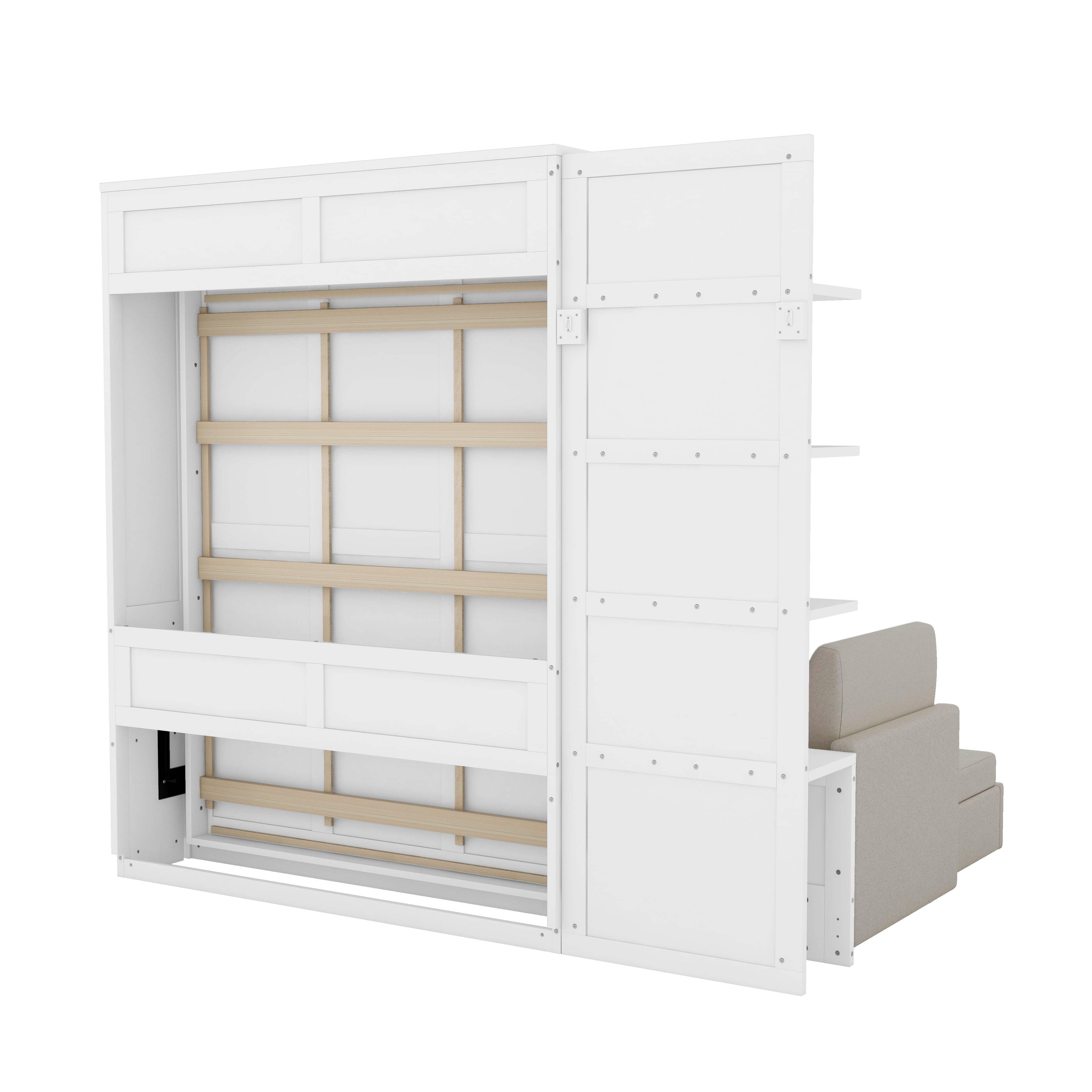 Queen Size Murphy Bed with L Shape Sofa and Open Shelves,Space-Saving for Small Space, Guest Room