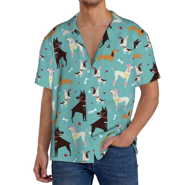 Fotbe Cute Dog Camisa Estampada de Manga Corta para Hombre, Casual de Verano, Estilo Playero, Sin Arrugas-3X-Large
