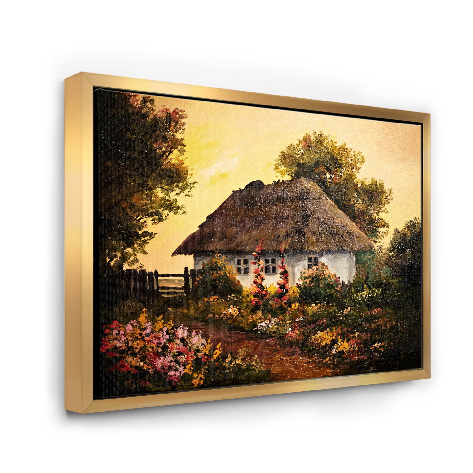 Traditional Cottage At Sunset In Autumn Flowers 32 in x 16 in Framed Painting Canvas Art Print, by Designart
