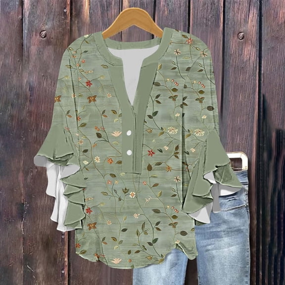 Jsaierl Womens 3/4 Length Sleeve Tops Casual Button Up V Neck Shirts Cute Print Petite Blouses Classic Elegant Tunic Top S-2XL