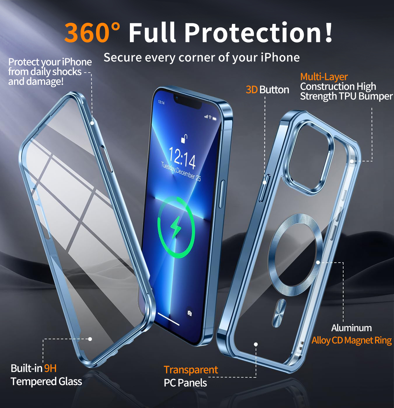 JETeacka iPhone 13 Pro Case(6.1") MagSafe Compatible Full Body Rugged Built-in Touch Sensitive Screen Protector Anti-Scratch Clear Case, Sierra Blue