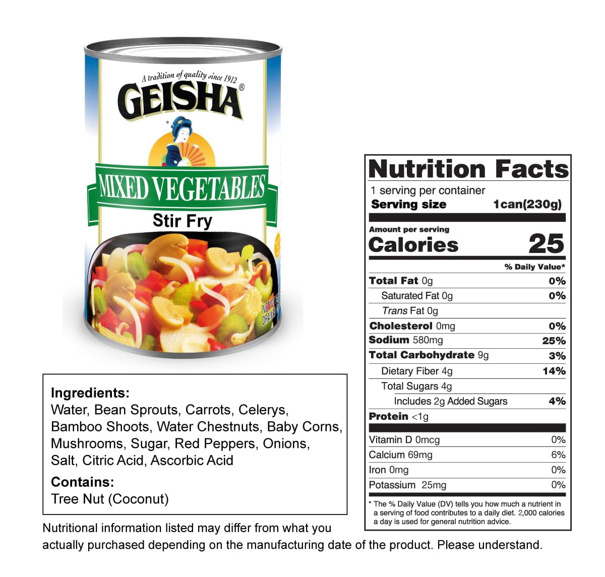 GEISHA Mixed Vegetables Stir Fry 14.5OZ. (Pack of 12), Mixed Vege | No Trans fat － Gluten Free－Less than 50 Calories per Container － Good Source of Fibers －Ready to Eat －Long Seller Item