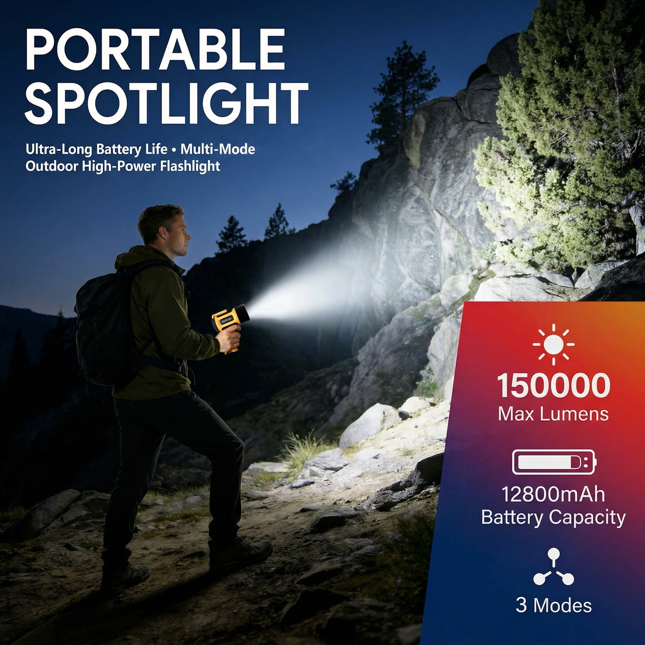 EZBY 150000 Lumens Rechargeable Flashlight, High Powered LED Handheld Spotlight,12800mAh Rechargeable Battery,USB Output Power Bank, Aluminum Alloy Body for Camping Outdoor Emergency Work