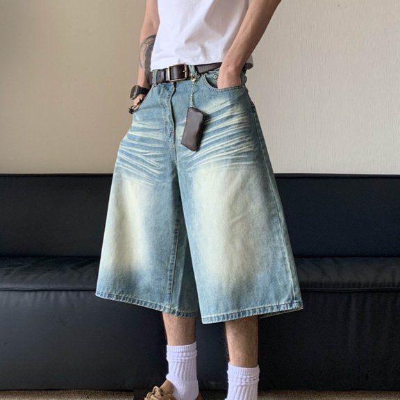 DODADAWANJ Baggy Jean Shorts Men Loose Straight Wide Leg Jeans Capri Pants Vintage Big and Tall 3/4 Pant with Pockets Blue S