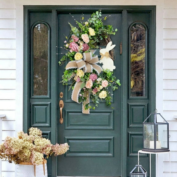 Clearance Sale!Artificial Spring Easter Rose Flower Rabbit Wreath for Front Door,15.7Inch Farmhouse Bunny Wreaths with Bow and Green Leaf for Indoor Outdoor Porch Wedding Summer Spring Decor