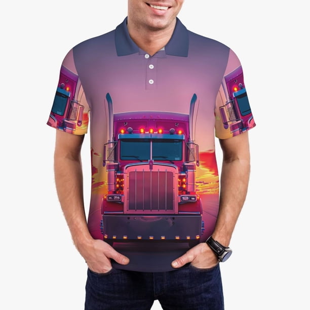 Balery Sunset Truck Highway Camisa Polo de Hombre con Estampado, de Manga Corta y Tejido Medio, Camisa Tipo Golf Polo-4X-Large