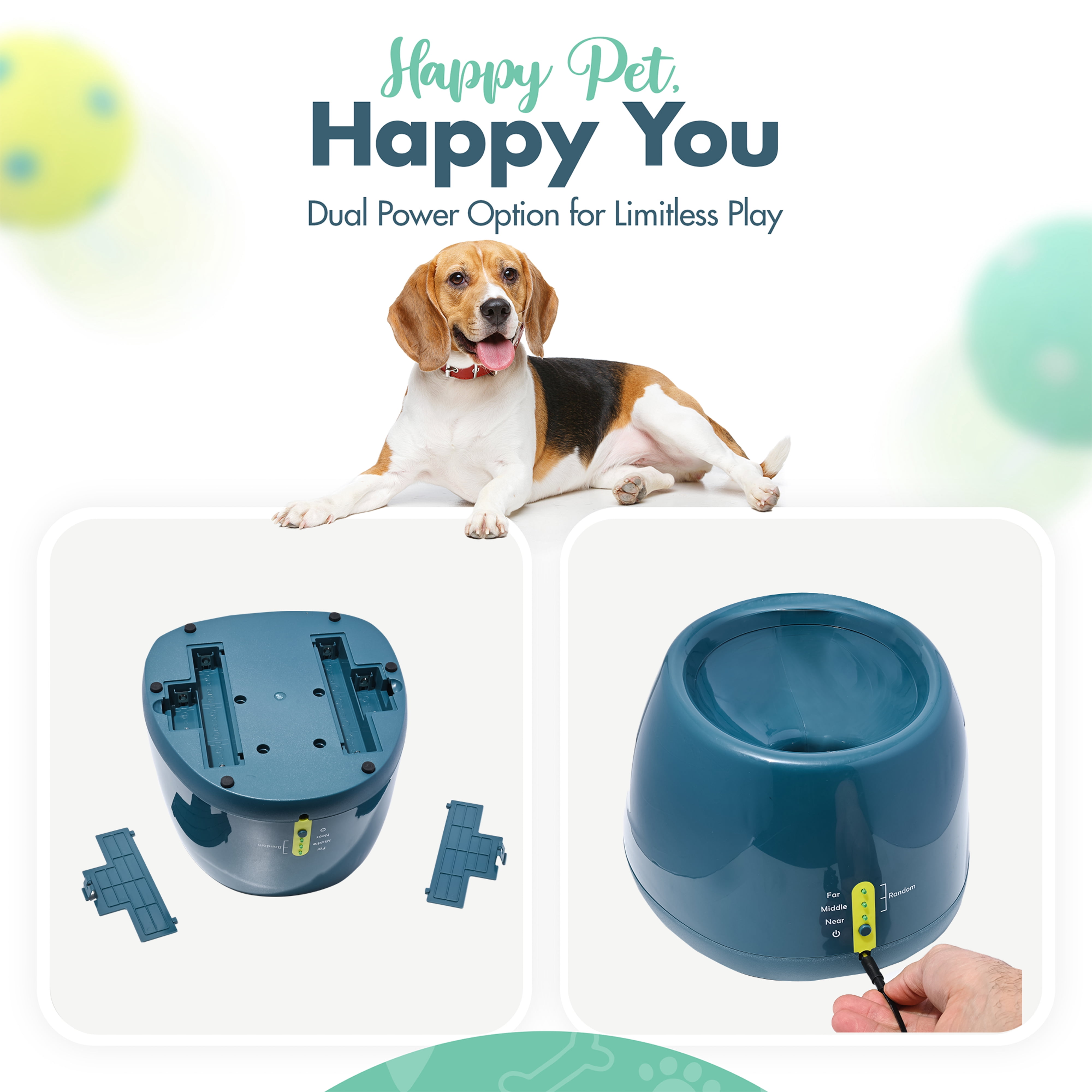 Crafts Central Automatic Dog Ball Launcher - Dog Ball Fetch Machine, Ball Thrower for Dogs, for Small to Medium Sized Dogs, Great Interactive Dog Toy with 6 Latex Balls, Dual Power Supply