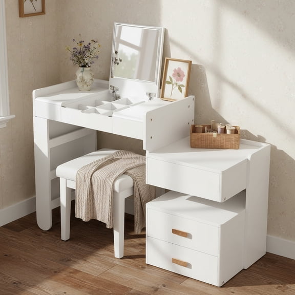 AENKYO Makeup Vanity Desk with LED Lights, Flip Mirror & Stool, 3-in-1 Dressing Table with Adjustable Cabinet, White