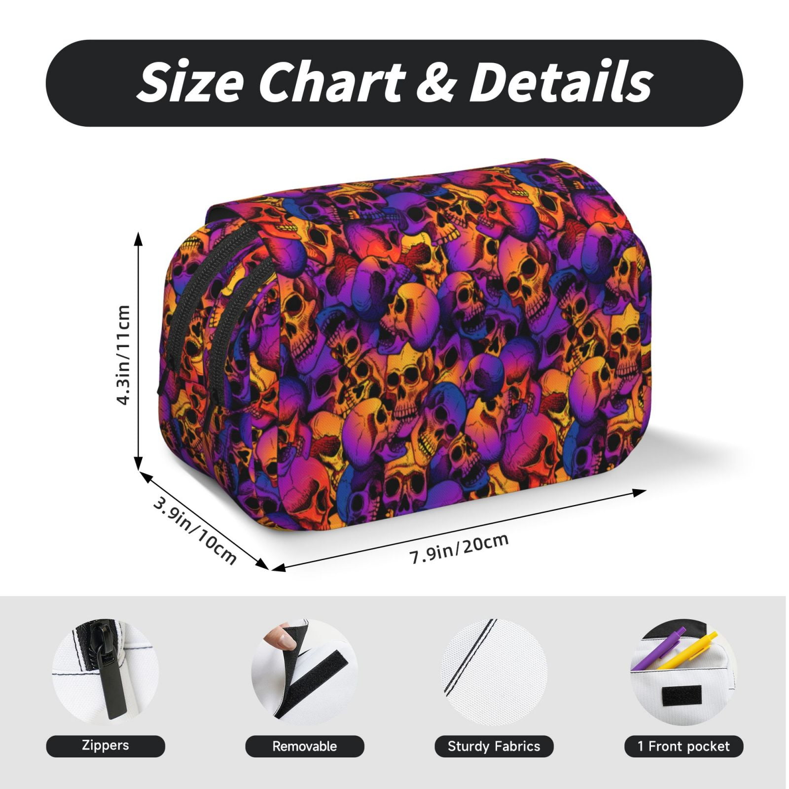 Rateoe Skull Pattern Double Clamshell Pen Case, Storage Organizer with Two Zipper Compartments– Holds Up to 50 Pencils & Pens