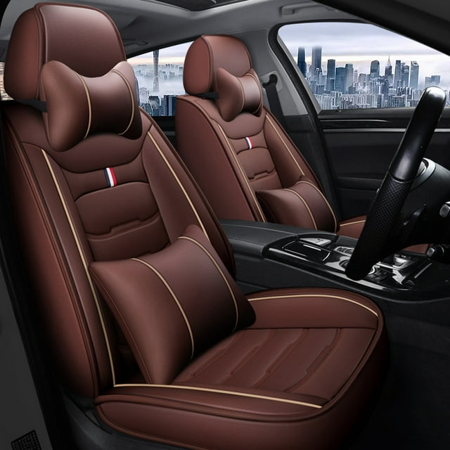 Maidao Car Seat Covers Leather Full Set for Citroen for C3 Picasso 2009-2017 5 Seats Compatible Airbag Water Resistant Front Rear Cushion Protector with Pillows Coffee