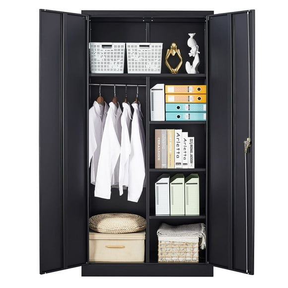 STANI 72" Tall Storage Wardrobe with Lock and Hanging Rod, Metal Storage Cabinet with Locking Doors, Black Steel Storage Locker Closet for Home, Office