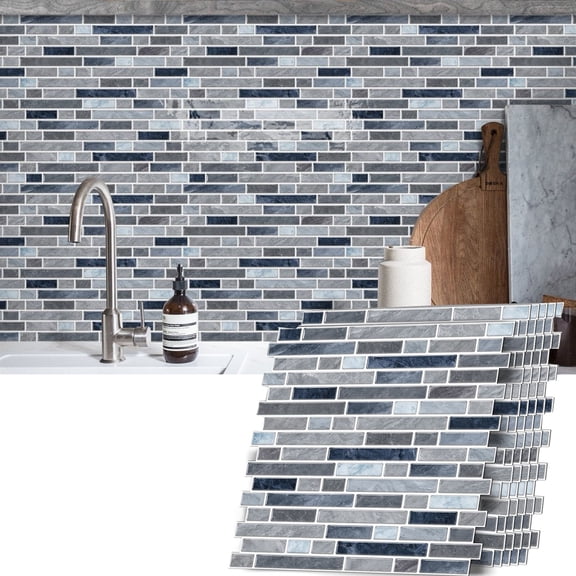 6 Pcs Blue Gray Marbling Brick Mosaic Pattern Tiles Stickers Wall Decals 12" x 12" Waterproof Peel and Stick Kitchen Backsplash DIY Decor