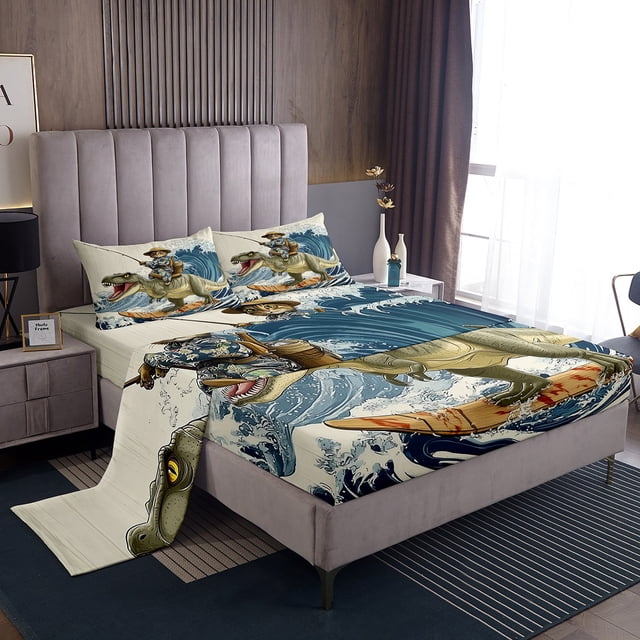 Erosebridal Cat Riding Dinosaur Full Sheet Sets,Japanese style Bedding Full Size,Ocean Bedroom Decor,Reversible,Lightweight,4-Piece