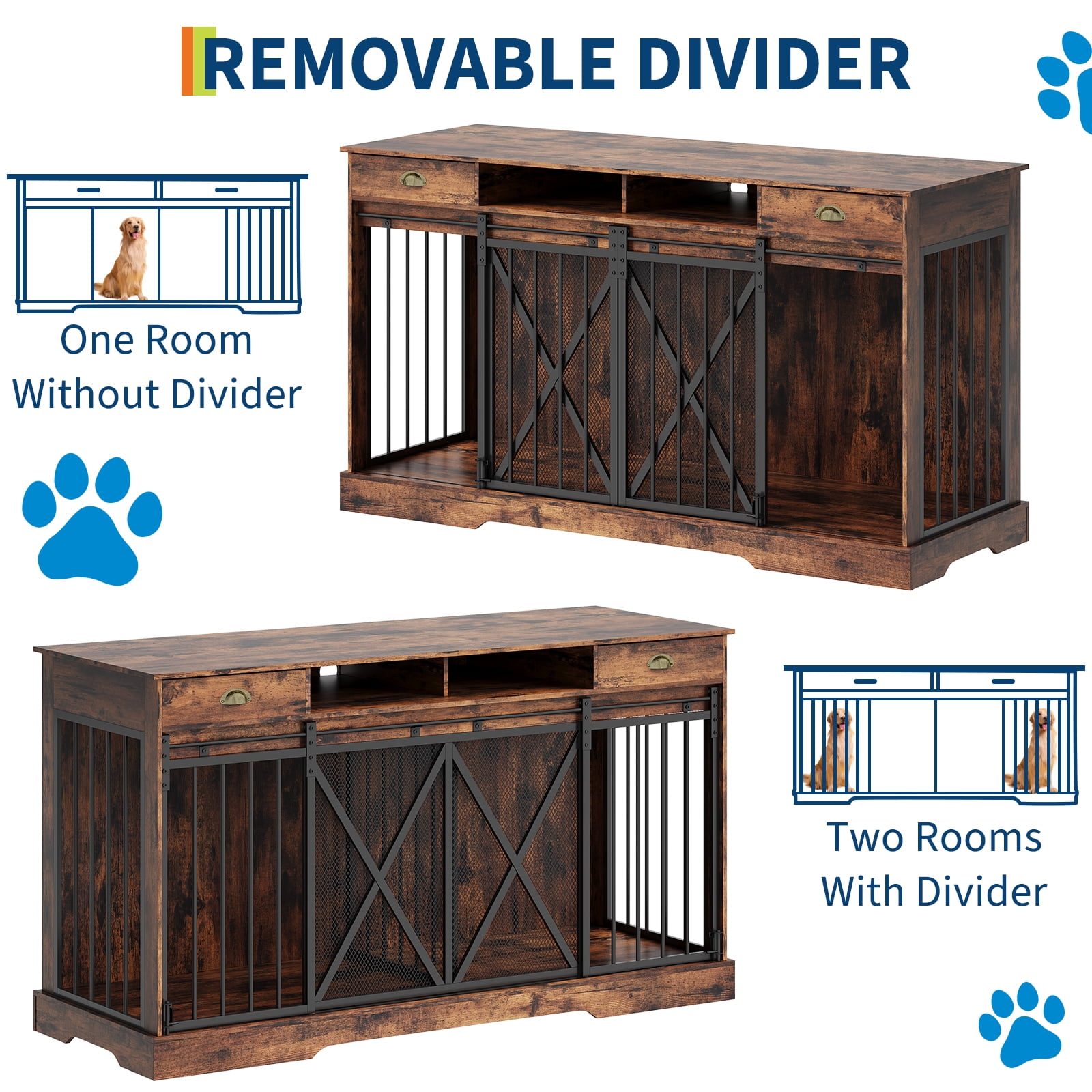 Large Dog Crate Furniture, Heavy Duty Dogs Cage with Double Doors, Divider, 2 Drawers, Sliding Doors, Indoor Puppy Kennel Side Table TV Stand for Small and Medium Sized Dog(Brown+Black)