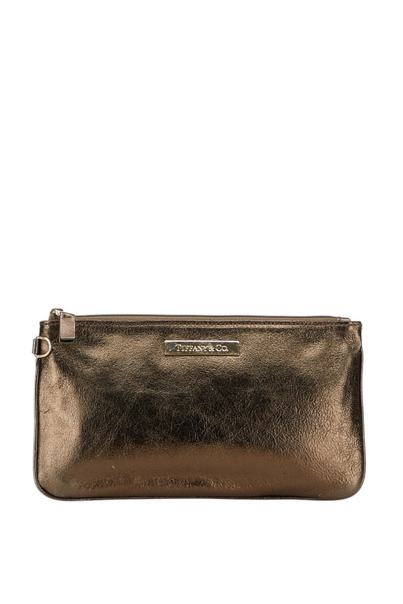 Pre-Owned Tiffany & Co. logo plaque pouch in bronze leather for women.