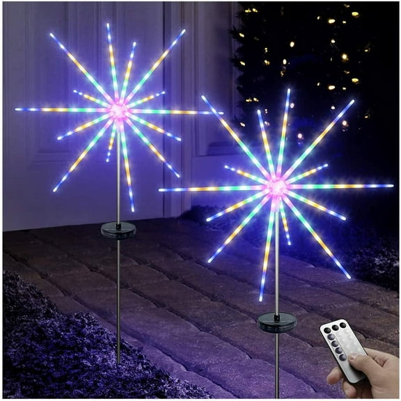 Solar Firework Meteor Lights 2 Pack, Outdoor Solar Garden Decorative Starry Starburst Lights with Remote, 8 Modes Landscape Path Lights for Patio Yard Christmas Decor (Multicolor)