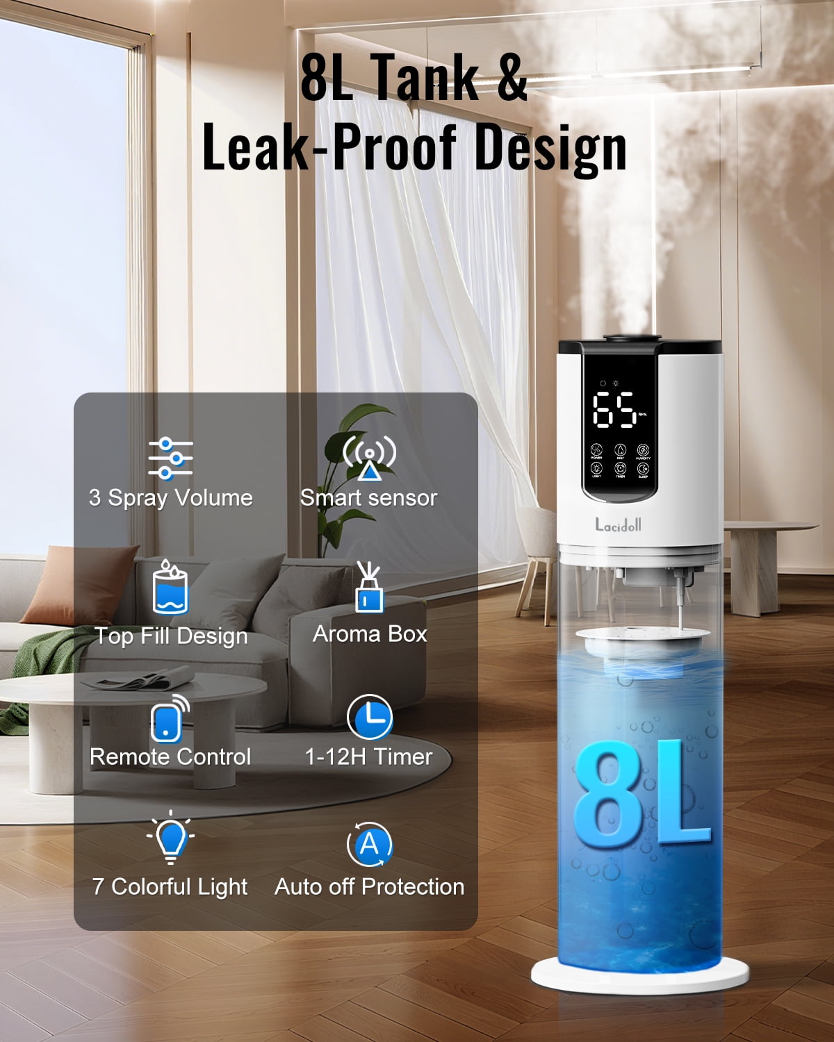 LACIDOLL Humidifiers for Large Room, 2.1Gal 8L Top Fill Humidifier with Essential Oils Tray, Easy to Clean Humidifier with Fully Washable Parts