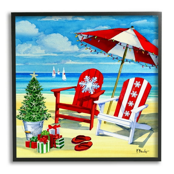 Stupell Industries Coastal Christmas Scene Holiday Painting Black Framed Art Print Wall Art, 12 x 12
