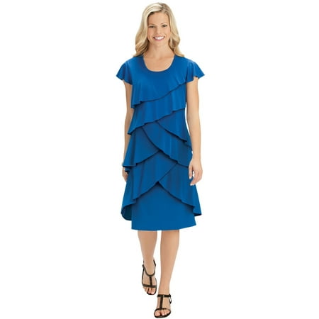 Ruffle Front Cap - Women's Tiered Ruffle Front Cap Sleeve Knee Length Knit Dress, Large, Royal Blue