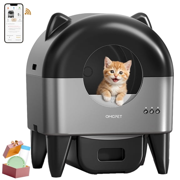 OMCPET Self Cleaning Cat Litter Box, Automatic Smart Litter Box for Multiple Cats with 10 Safety Sensor Radars, 110L Electric Cat Box with APP-Control, Odor Control, Quiet Operation, Black