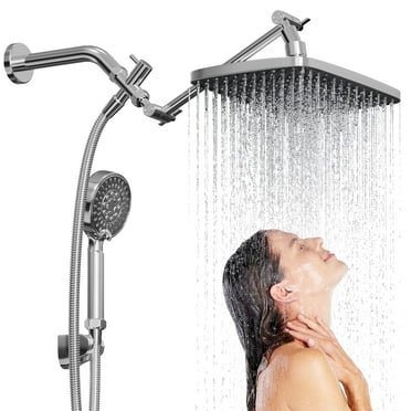 ARDIKAMA Dual Shower Head Combo, High Pressure 12'' Adjustable Extension Arm Rainfall Stainless Steel Bathhowerhead with ON/OFF Pause Switch with Hose, Adhesive Rain Shower Head Holder (Matte Silver)