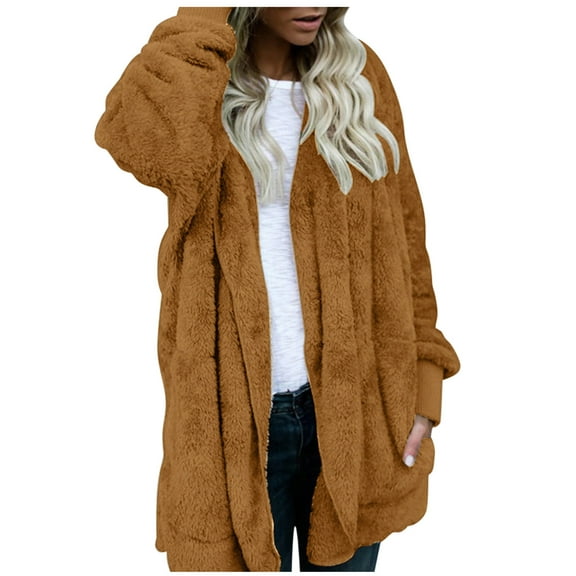 snowsong Women's Winter Solid Color Plush Warm Cardigan Mid-Length Double-Sided Jacket Loose Outercoat With Pocket,Cardigan Sweaters for Women,Long Cardigan,Coats for Women,Long Coat Women,Brown,L