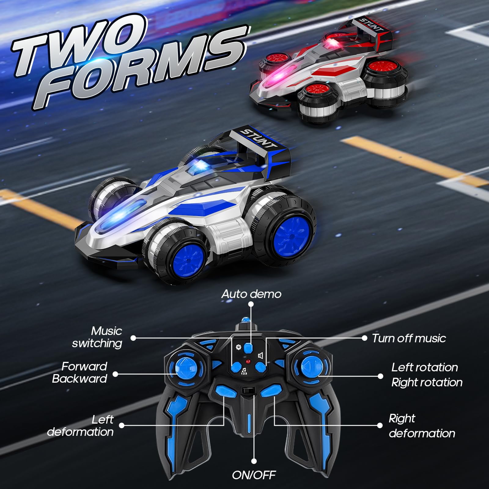 Remote Control Car High Speed Drift RC Car with Lights & Music Stunt Car for Kids Christmas Birthday Easter Gifts 1Battery