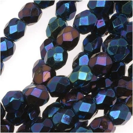 Czech Glass Bracelet - Czech Fire Polished Glass Beads 4mm Round Blue Iris (50)
