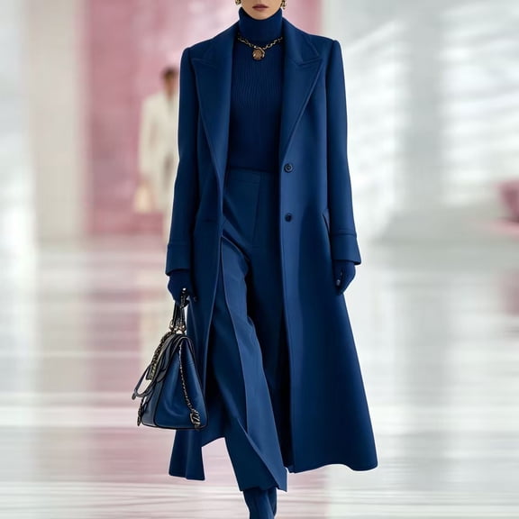 Women's Belted Solid Color Maxi Wool Coat,Notched Lapel Single Breasted Long Winter Overcoat,Elegant Tailored Outerwear for Office 03-Navy L