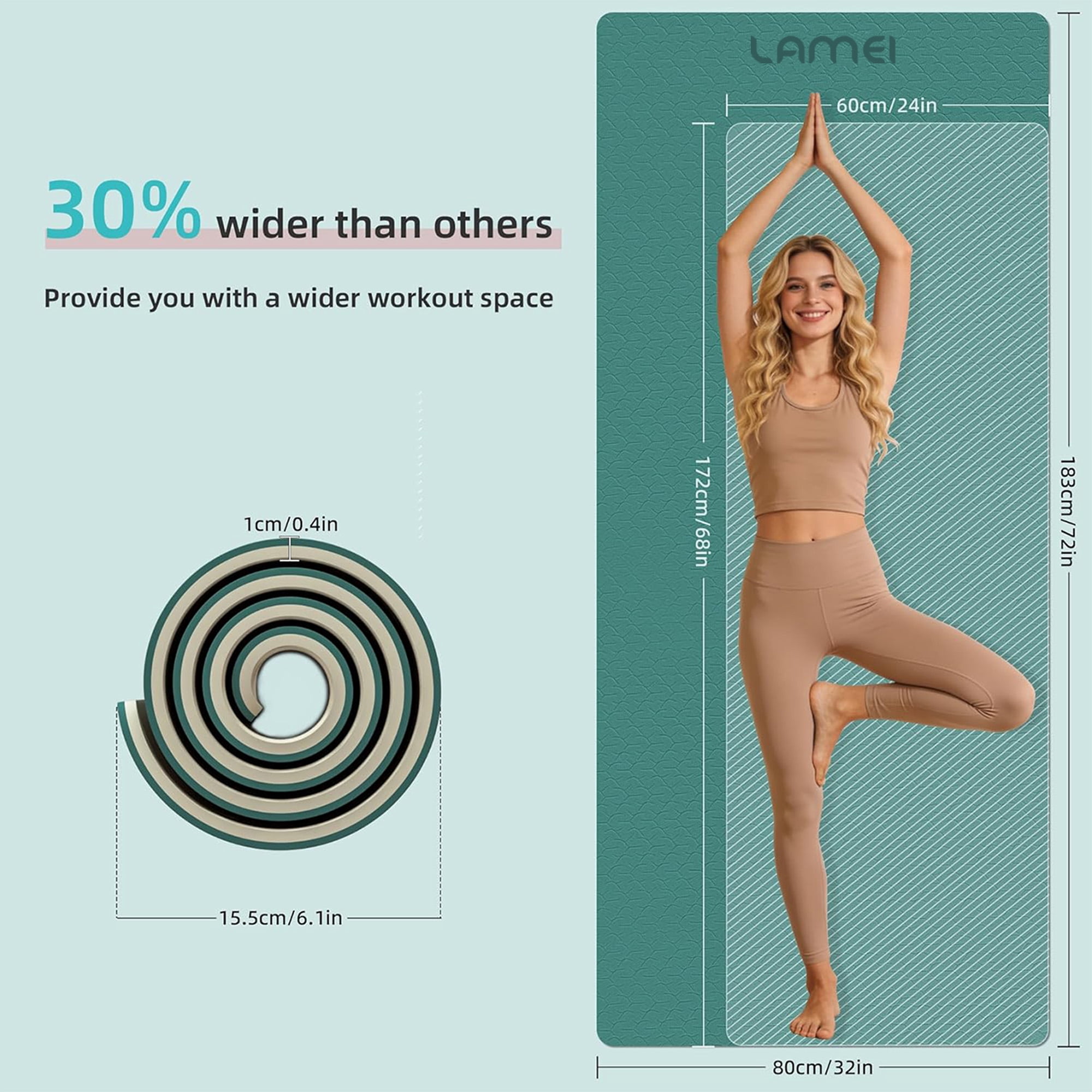 LAMEI Yoga Mat Thick 10mm, 31.5" Extra Wide for Men and Women, Non-Slip TPE Exercise Matt, Two Tone Fitness Mats with Straps for Carrying(Green+Beige)