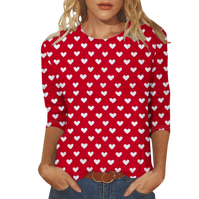 Penkiiy Chemises de la Saint-Valentin pour Femmes Décontractées Manches 3/4 Col Rond Blouses Imprimé Mignon Tuniques Tops 2025 L Multicolore