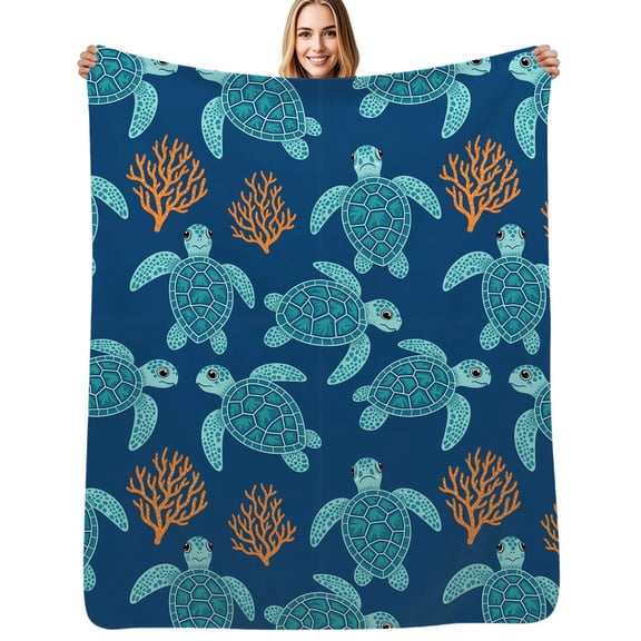 Sea turtles coral ocean pattern repeat Flannel Blanket Warm Soft Bedding Throws Winter Camping Chair Sofa Bed