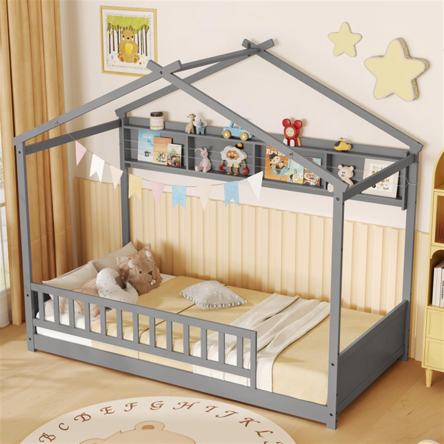 Demi Bonn Twin Size House Bed Frame with Storage Shelf and Headboard, Wooden Floor Bed Frame with Fence and Roof for Bedroom, Gray