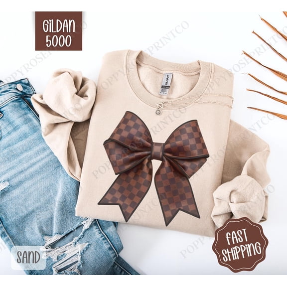 Checkered Coquette Bow Sweatshirt, Bow Crewneck, Cute Women's Sweater, Neutral Coquette Bow Sweatshirt, Trendy Bow Sweatshirt, for Her All Size S-5Xl