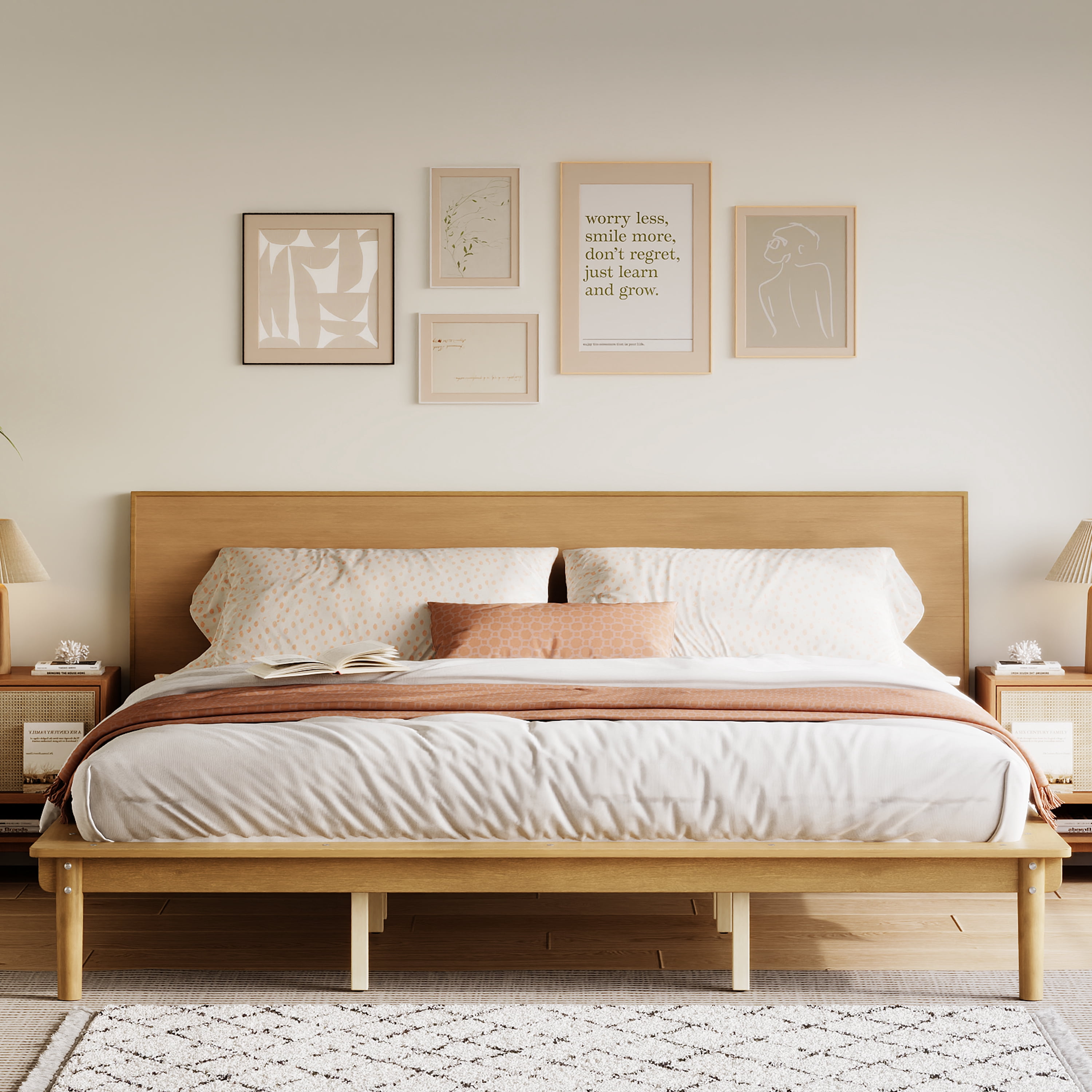 Euroco Wood Mid-Century King Bed, Low Profile Platform Bed Frame with Subtly Angled Headboard, Widened Side Rails, No Box Spring Needed, Walnut