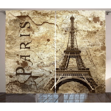 Eiffel Tower Paris Decor Grunge Living Room Curtains 2 Panels Set 108x90 Inches