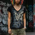 thumbnail image 5 of Women Y2K Grunge Vintage Graphic Tees V-Neck Short Sleeve Slim Fit T-Shirt Emo Clothes for Teen Young Girls 2000s Streetwear Grey Size S, 5 of 7