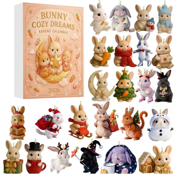 Rabbit Advent Calendar 2026, 24-Day Xmas Countdown Calendar with 24 Acrylic Hanging Ornaments, Christmas Tree Decorations and Holiday Gifts for Rabbit Lovers, Animal Fans and Families