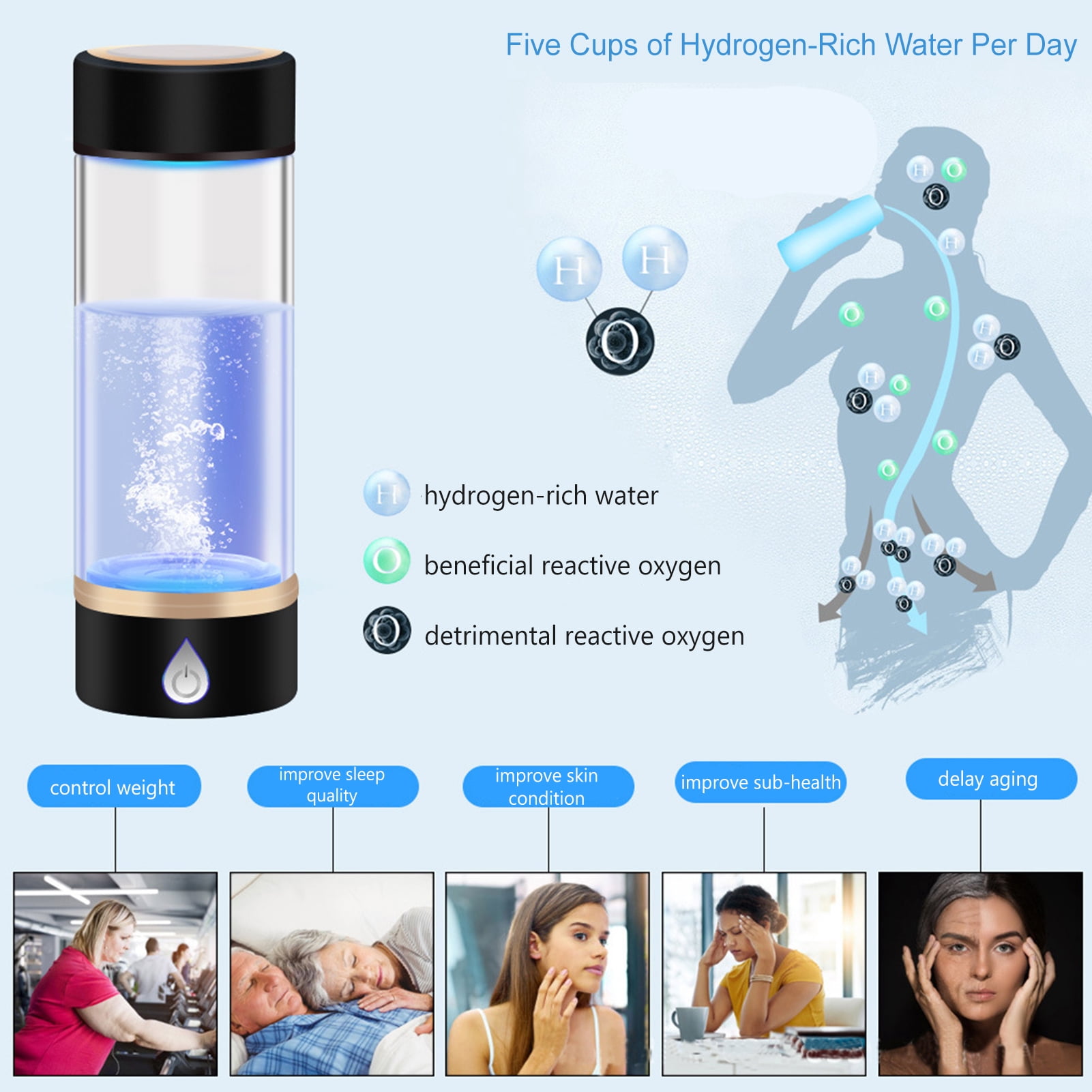 Bouteille D'eau Hydrogène 420 Ml - Générateur SPE/PEM, 1600 Ppb En 3 Min - Pour Sport, Voyage - 21 Pièces Incluses - 9