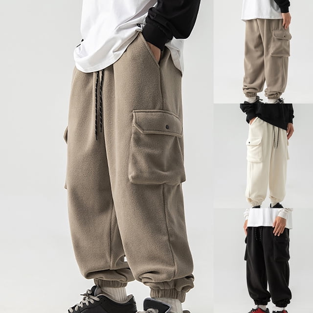 Men's Fleece Elastic Waist Cargo Pants with Pockets – Thick Solid Casual Comfort Fit
