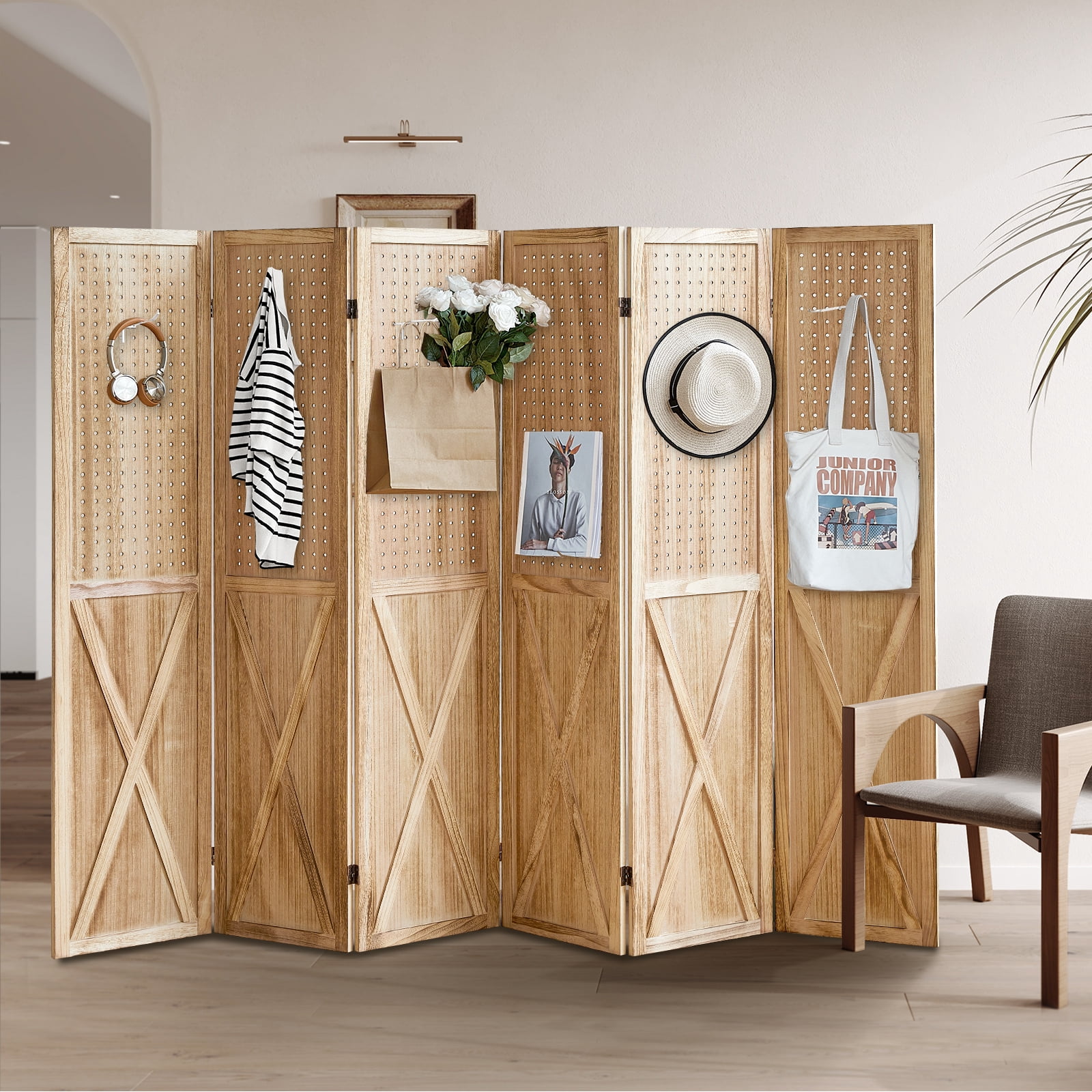 Aletheiawu 6 Panel Wood Room Divider Folding Portability Privacy Screens, No Installation Required, Light Brown